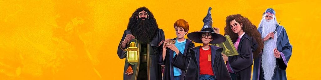 Illustration showing Hagrid, Ron, Harry, Hermione and Dumbledore