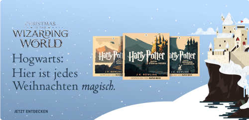 Snowy scene with castle and Harry Potter audiobook covers.