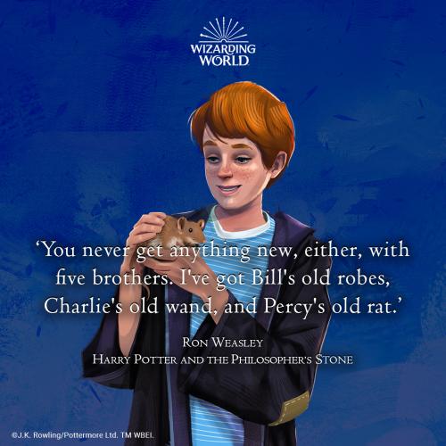 A red-haired young wizard wearing a robe and holding a rat.