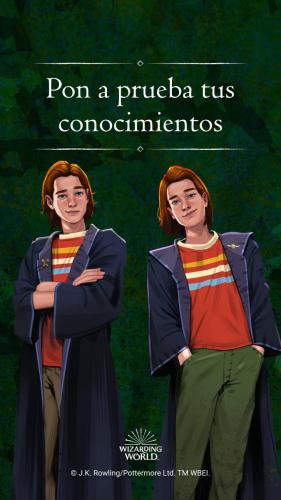 Illustration of Fred and George Weasley on a green background. Text is in Spanish and reads, 'Put your knowledge to the test'.
